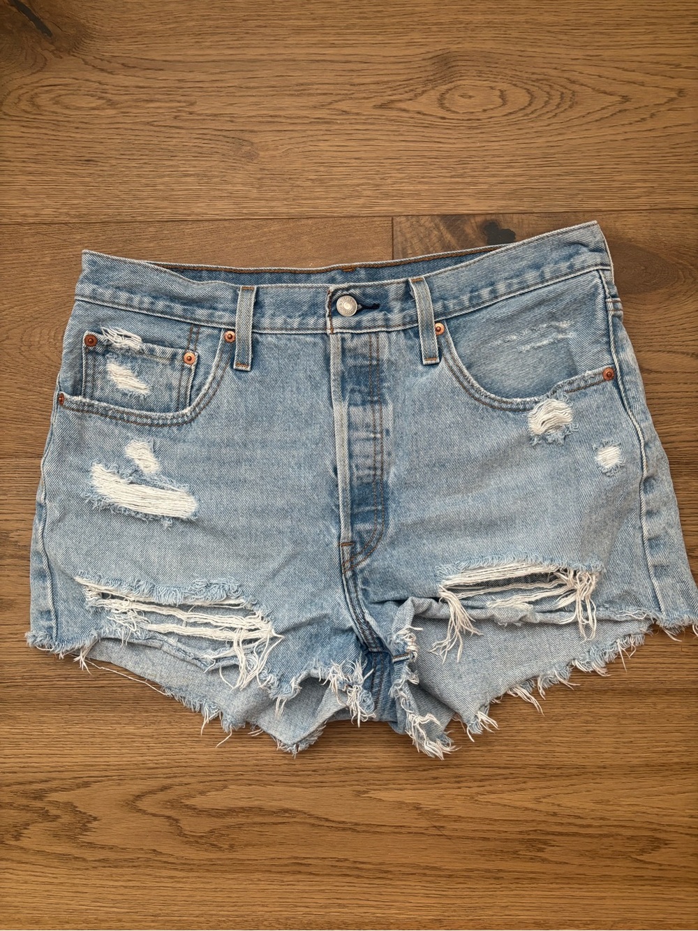 Levi's 501 Light Blue Distressed Denim Jean Shorts